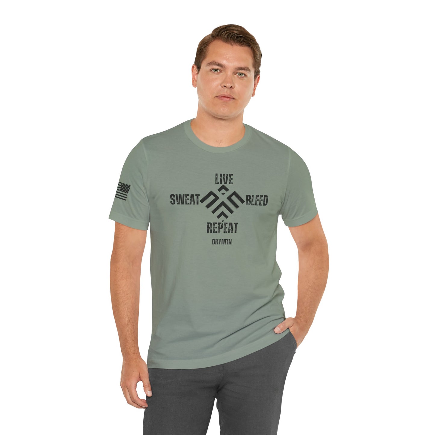 DryMtn Live. Sweat. Bleed. Repeat. Performance Jersey T-Shirt. Designed for Athletes, Hunters & Outdoor Warriors